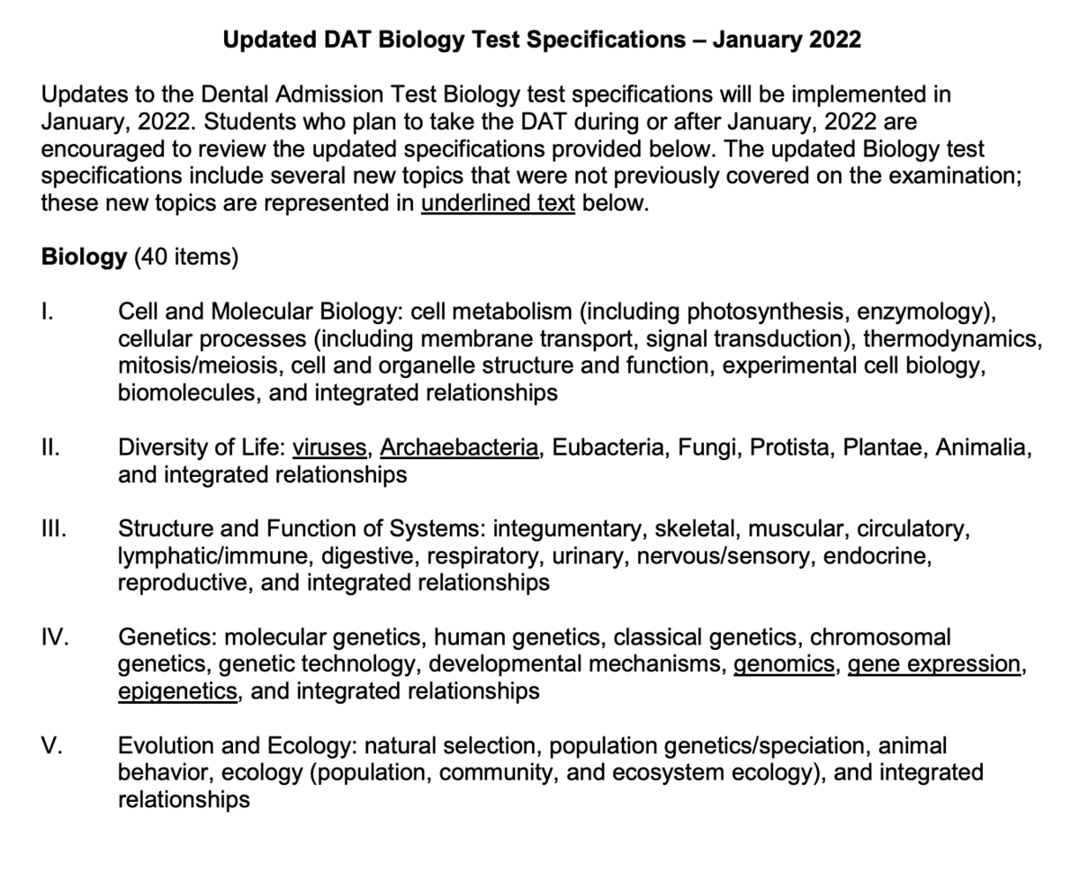 2022 DAT Biology Updates Student Doctor Network
