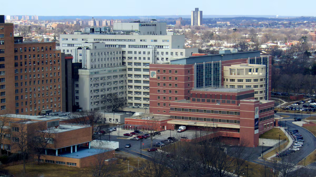 Aerial view of the Jacobi Medical Center in the Morris Park section of The Bronx, New York City.