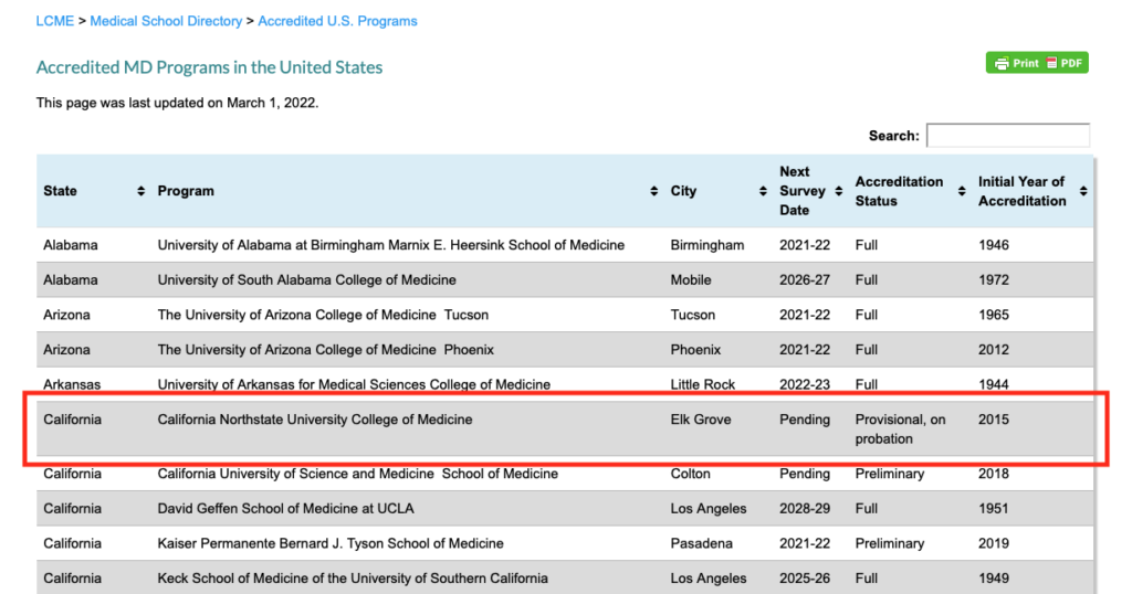 LCME screenshot highlighting CNUCOM accreditation status as Provisional, on probation LCME screenshot highlighting CNUCOM accreditation status as Provisional, on probation
